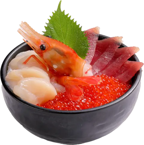 まぐろ、いくら、帆立、ボタン海老を使用した小樽丼